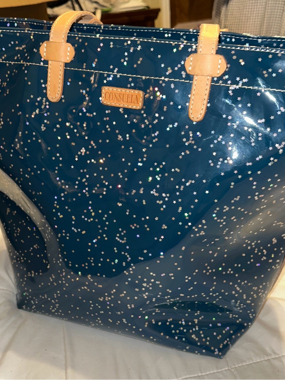 Consuela Teal Star-Accent Tote with Tan Handles